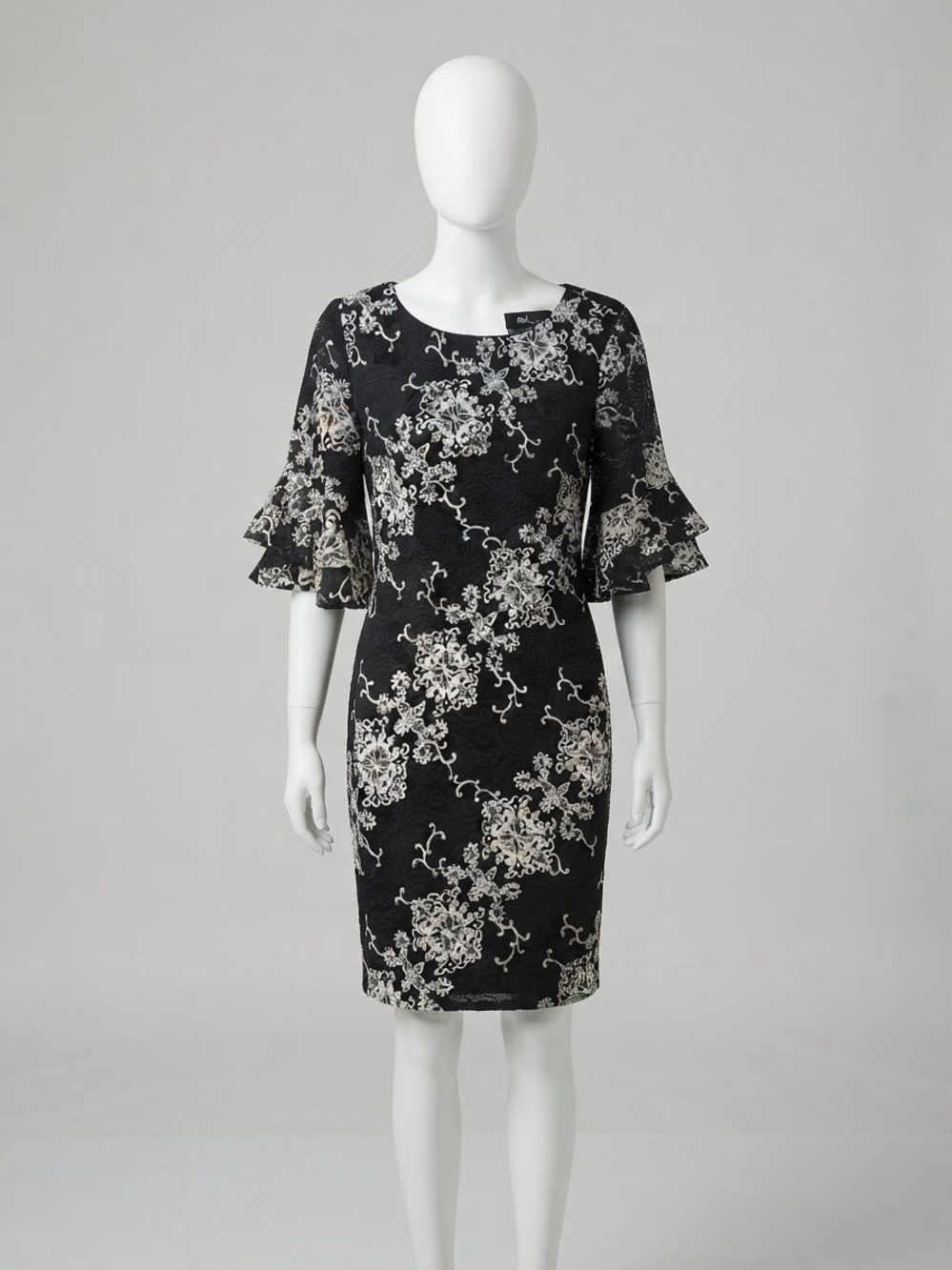 Ronni Nicole Black Dress with Cream Floral Lace-Effect